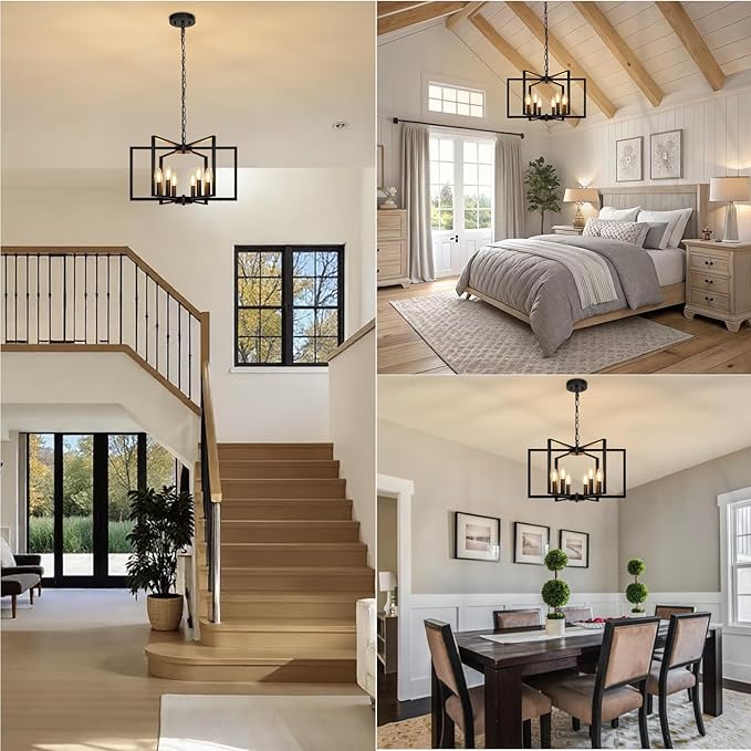 Black Farmhouse Chandelier, 6 Light Geometric Dining Room Light Fixture, Modern Industrial Metal Ceiling Light Rustic Hanging Pendant Lights with E12 base for Kitchen Island Entryway Foyer, Indoor