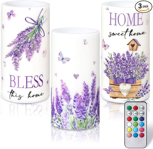 3 Pcs Purple Lavender Flameless Candles with Remote Color Changing Battery Operated LED Pillar Bless This Home Candles for Spring Lavender Easter Living Room Farmhouse Kitchen Decor