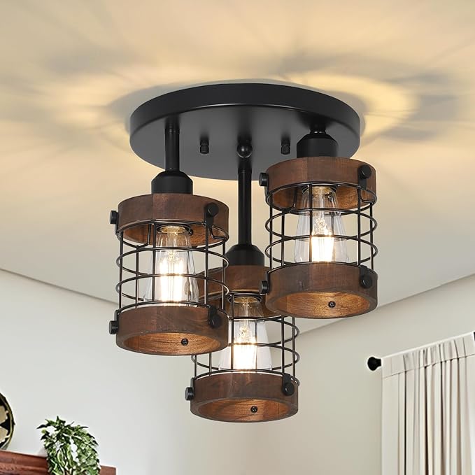 Semi Flush Mount Ceiling Light,3-Light Farmhouse Chandelier Light Fixtures Ceiling Mount, Black Hallway Light Fixtures with Wooden Cage Shade,Rustic Kitchen Light Fixture for Entryway Bedroom