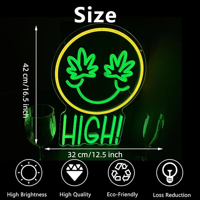 Green High Face Neon Sign for Wall Decor Green Leaf High Face Neon Light Dimmable Light Sign Wall Decor for Man Cave Bar Bedroom Shop Hotel Garage Decor Gifts for Men