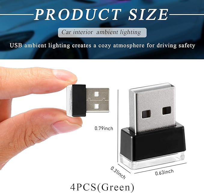 4 PCS USB LED Car Interior Atmosphere Lamp, Portable Plug-in 5V USB Car LED Interior Lighting Night Lamp, Mini USB Ambient Lighting Decor for Home Car Laptop Keyboard (Green)