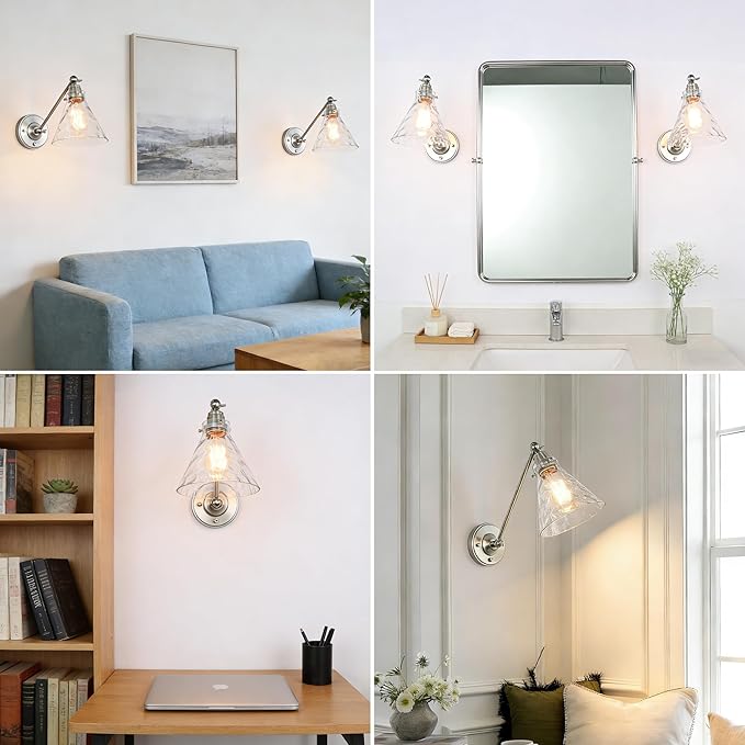 Industrial Vintage Slope Pole Wall Mount Single Sconce with Funnel Flared Clear Glass Shade, Swing Arm Wall Sconce Light Lamp Fixture Hardwired