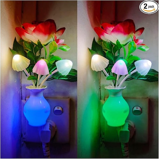 AUSAYE 2 Pack Sensor LED Night Light Plug-in Nightlight, Color Changing Mushroom Light Rose Flower Night Lights for Kids Adults Bedroom, Bathroom, Nursery, Kitchen, Basement