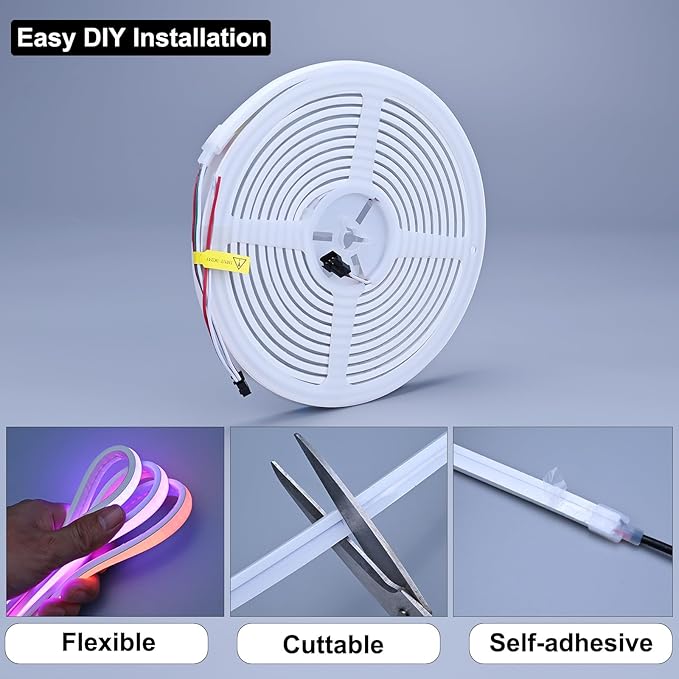 24V COB LED Strip 16.4ft Smart RGB+IC, Flexible Neon Rope Lights IP67 Waterproof, High Density 576LED/M, Self-Adhesive for Home Decoration(No Adapter and Controller)