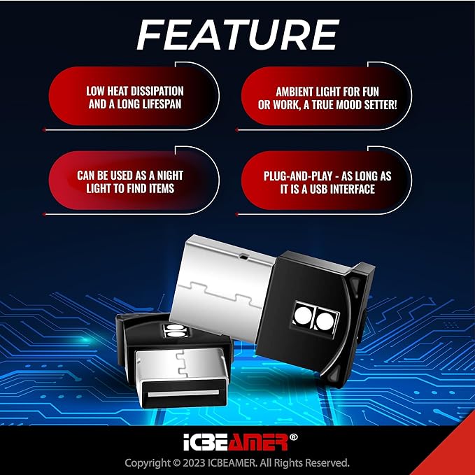 ICBEAMER 2 pcs Mini Smart USB Type-A | Color: White | LED Night Light for Car Interior, Trunk, Center Console. Easy Plug-in, Perfect for Ambient Atmosphere in Vehicles.