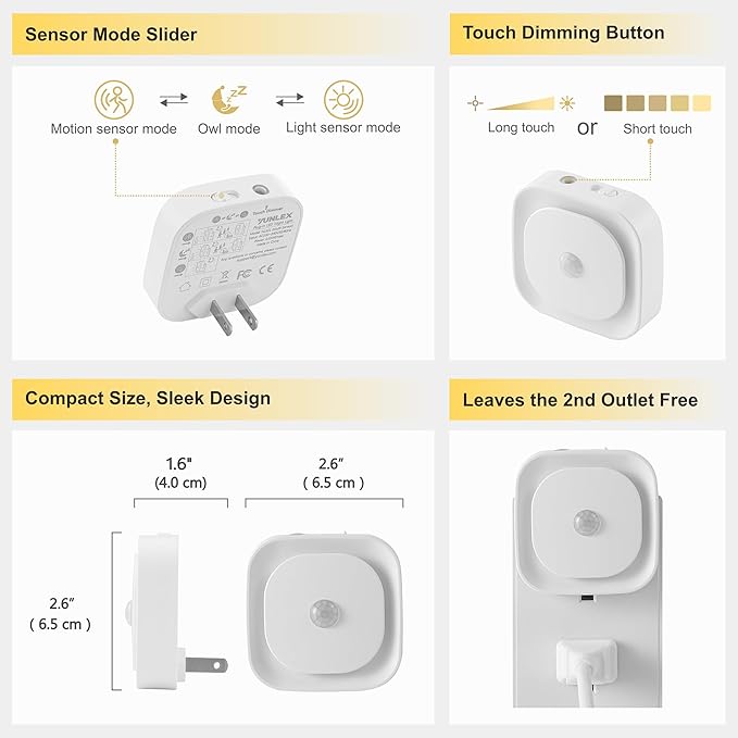 2 Pack Plug in Night Light with Motion Sensor & Dusk to Dawn Sensor, 3 Sensor Modes, Dimmable Night Lights Plug into Wall, Amber Nightlight for Sleep, Bathroom, Bedroom, Indoors, Kids