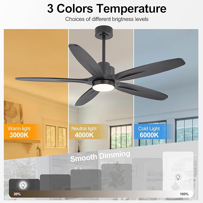 WINGBO 54" Ceiling Fan with Light - 5 Carved Solid Wood Blades, 6-Speed Reversible DC Motor, Dimmable, 3CCT, Noiseless Remote Control Ceiling Fans with Lights for Bedroom Living Room, Matte Black