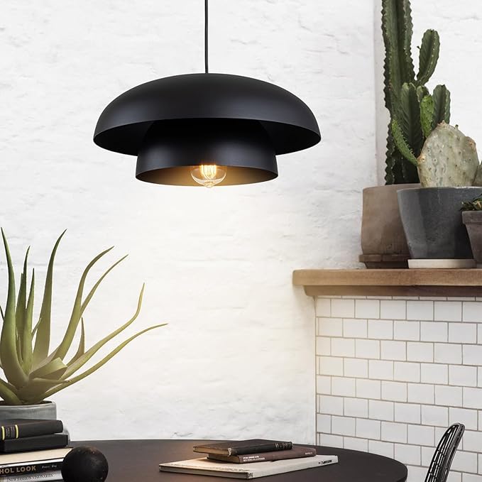 Lingkai 15.7" Black Modern Pendant Light Fixtures, Kitchen Lighting Fixtures Ceiling Hanging Light Fixtures, Farmhouse Large Pendant Light for Kitchen Island Lighting Hanging Lamp