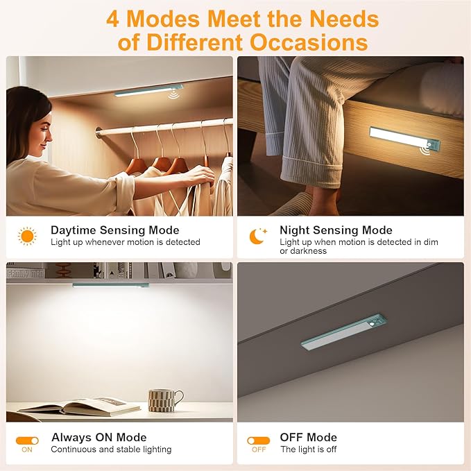 Gritin 10.2inch Under Cabinet Lighting Rechargeable 2 Pack- 3 Color Temps&5 Level Brightness, Super Bright, 4 Modes, Motion Sensor, Long Lasting - Easy Installation Magnetic Under Closet Lights-Green