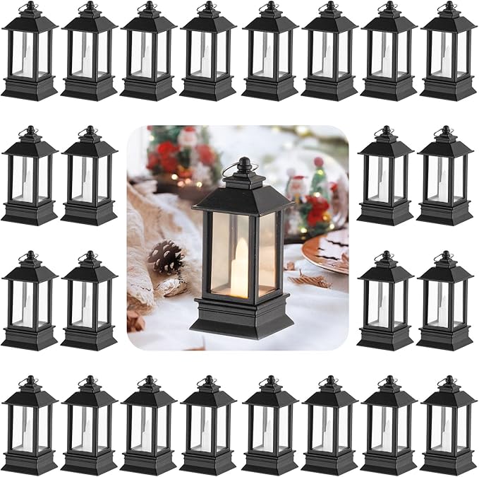 Black Lanterns Decorative Indoor: 24 Pcs Mini Lanterns for Wedding Table Centerpieces Battery Powered Small Led Lights for Party Bulk