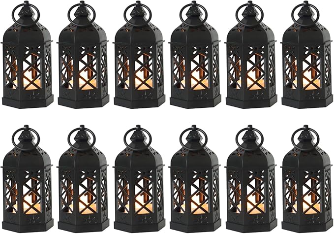 12-Pack Mini Lanterns with Flickering LED Candles for Ramadan, Moroccan Decorative Hanging Lanterns for Halloween, Christmas, Wedding, Black Lantern for Table Centerpiece, Home & Party Decor