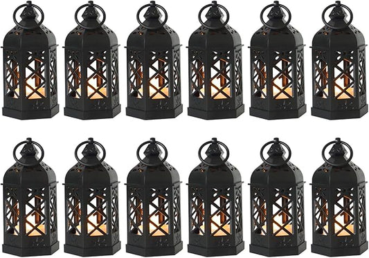 12-Pack Mini Lanterns with Flickering LED Candles for Ramadan, Moroccan Decorative Hanging Lanterns for Halloween, Christmas, Wedding, Black Lantern for Table Centerpiece, Home & Party Decor