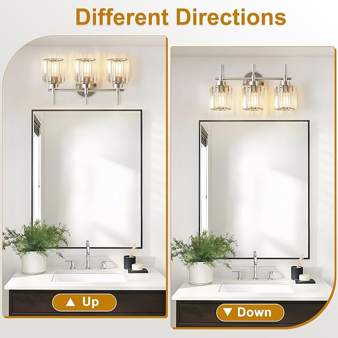 3 Light Crystal Bathroom Light Fixtures, Brushed Nickel Vanity Mirror Lights, Crystal Bath Vintage Wall Mounted Lamps Wall Light Fixtures for Bathroom, Living Room