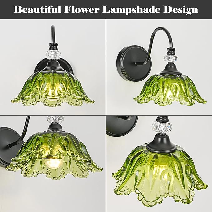 1 Piece Black Wall Sconce with Floral Green Glass Shade, Black Farmhouse Wall Mount Lighting for Bathroom,Vintage Bathroom Vanity Light Fixture