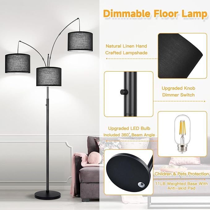 Dimmable Floor Lamp, 3 Lights Black Arc Floor Lamps for Living Room, Modern Tall Standing Tree Lamp with Black Shade & Heavy Base, Large Floor Lamp for Bedroom Office, 3x1000 LM LED Bulbs Included