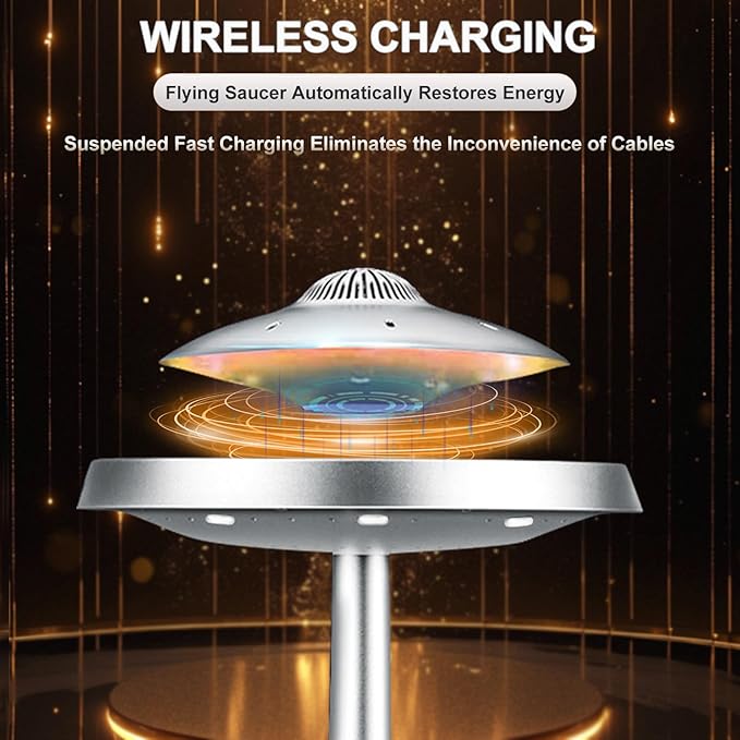 Magnetic Levitation Bluetooth UFO Speaker, Levitating UFO Speakers with Seven Color Night Lamp, Wireless Charging LED Lamp Bluetooth Speaker, 360°Rotating UFO Lamp (Silver)