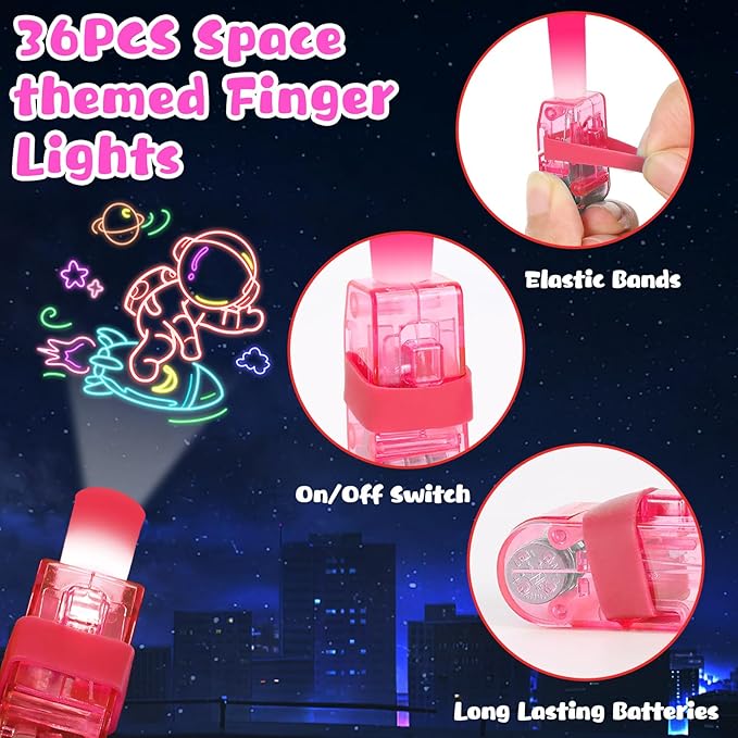 36Pcs Space LED Finger Lights Astronaut Party Favors Glow in the Dark Light Up Finger Lights Outer Space Themed Toys Bulk for Galaxy Birthday Party Goodie Bag Stuffer Birthday Gifts Classroom Prize