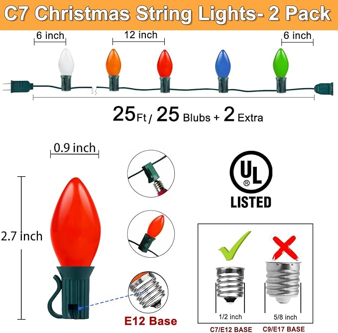 Couah 2 Pack 50 Ft C7 Christmas String Lights, Vintage Christmas Lights with 54 Multicolor C7 Light Bulbs Outdoor C7 Christmas Lights for Christmas Tree Party Backyard Wedding