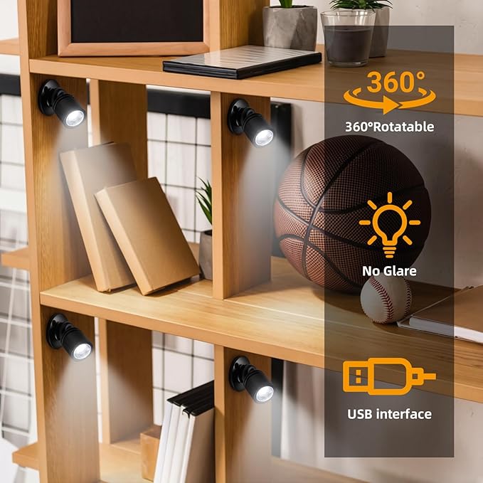 YaeCCC Dimmable Mini LED Spotlight, 6-Pack Daylight 6400K, USB Powered Accent Lighting for Plants, Jewelry Showcase, Model Display Shelves