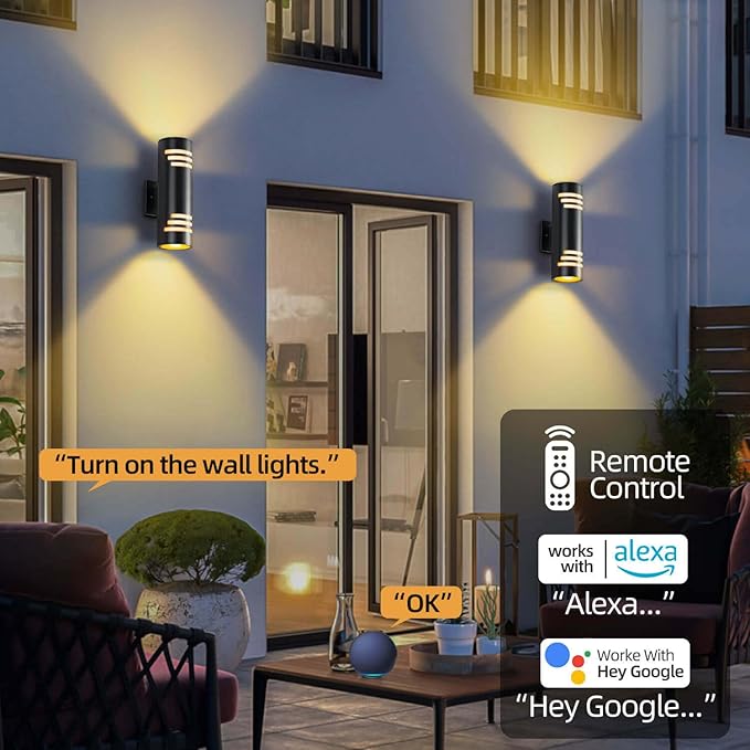 Smart Outdoor Wall Lights 2 Pack, Modern Up and Down Light Dusk to Dawn Outdoor Lighting Black Exterior Lighting Fixtures, Color Changing Porch Lights for Outside Decor, DIY Effects