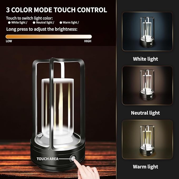 Portable Metal Table Lamp, 4000 mAh Rechargeable Outdoor Table Lamp, 3 Color Stepless Dimmable Cordless Table Lamps for Patio, Camping, Coffee Table Decor for Indoor/Outdoor (Black Set of 2)