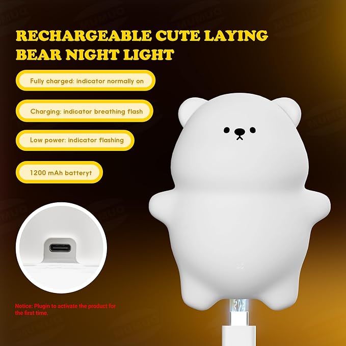 Bear Night Light for Kids, 8 Color Silicone Cute Duck Lamp, Lying Flat Duck, 3 Level Dimmable Kids Rechargeable Bedside Touch Baby Light