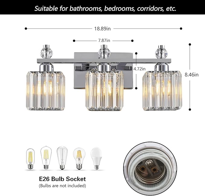 Bathroom Vanity Lights 3-Light Modern Crystal Vanity Light Chrome Bathroom Light Fixtures Over Mirror Crystal Bathroom Vanity Lighting Fixtures