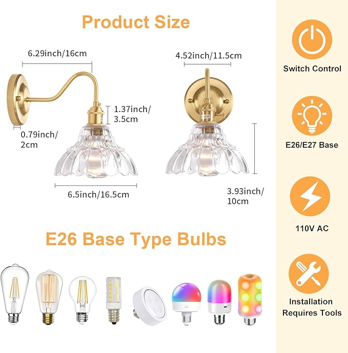 Battery Operated Wall Sconce Set of 2, Vintage Rechargeable Wall Lights with Clear Lily Glass Shade, Wireless Indoor Wall Lamp with Remote for Bedroom Living Room Bathroom