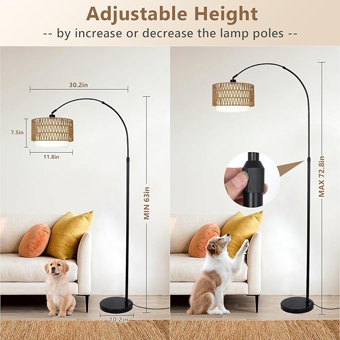Arc Floor Lamp with Remote, Modern LED Floor Lamp with Dimmable Bulb, Boho Farmhouse Standing lamp with Fabric & Rattan Lampshades, Height Adjustable Black Tall Lamp for Living Room Bedroom