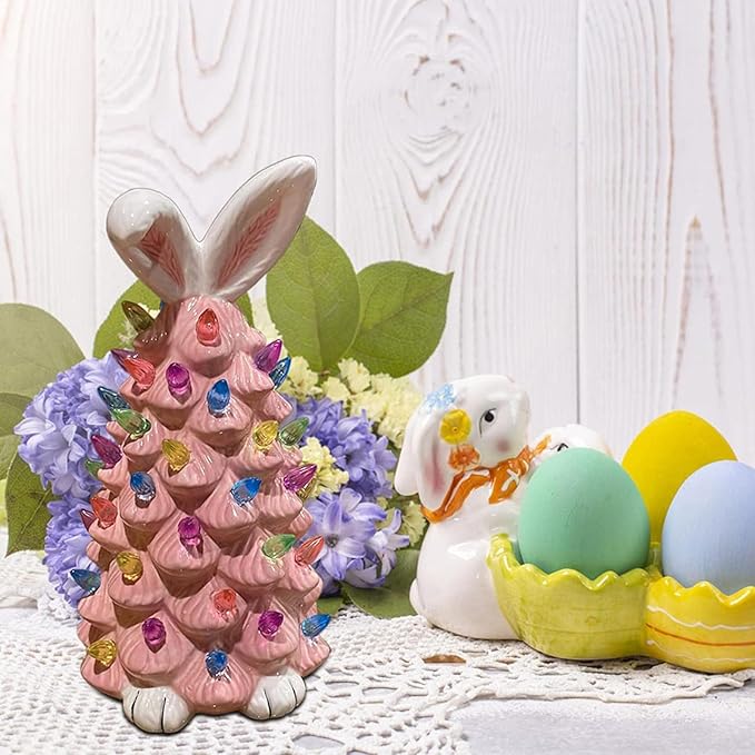 2026 Newly Lighted Easter Bunny Resin Tabletop Tree 6 Inches Pre-Lit Rabbit Figurines with Colorful Lamp Beads and Bunny Ear Top Spring Easter Holiday Decor Gifts