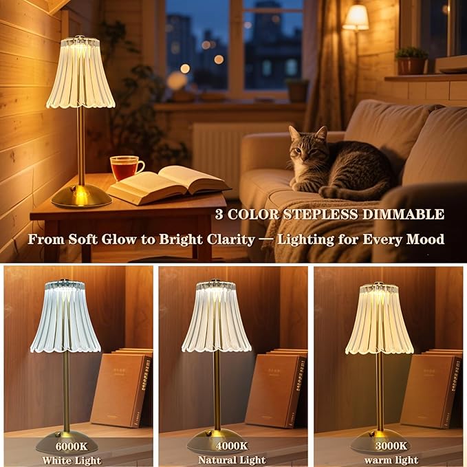 2 Pack Crystal Table Lamp, 5000mAh Rechargeable Battery Lamp with Touch Control, 3 Color Temperatures, Dimmable Brightness, Matte Aluminum Light for Bedroom/Bar/Kitchen/Outdoor, Home Décor