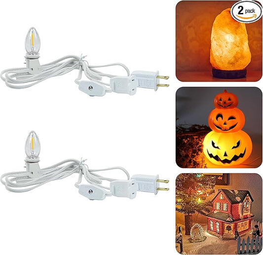2-Pack Accessory Cord with 2 C7 LED Night Light Bulb, Candelabra-Base E12 Socket White Cord with On/Off Switch Plugs, for Holiday Decorations, Christmas Village House, Pumpkin Lights