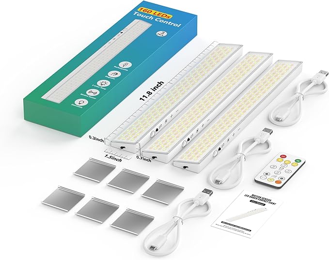 160LEDs Touch-Control Under Cabinet Lighting w/4000mAh Battery, Cordless Motion Sensor Under Counter Lights for Kitchen, Magnetic Rechargeable Closet Lights - 3Pack/White, 2025 Fall