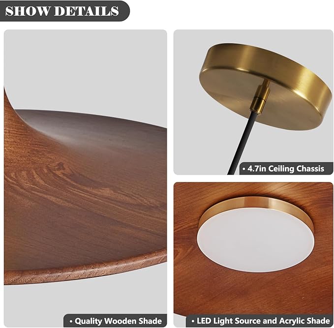 Dimmable Pendant Light, Wood Grain Finish LED Pendant Light Fixture, Modern Metal Dining Pendant Lights for Hotel Bar Kitchen Island Entryway