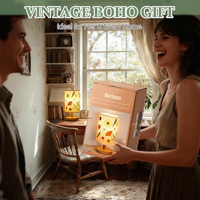 Hortsun Pressed Flower Lamp Vintage Table Small Lamp Cottagecore Decor Boho Night Light Decorative Rustic Night Light for Bedroom, Living Room or Office, Valentine Gift for Women(Modern Style)