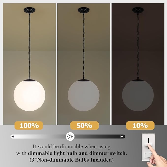 KoKo&Yukina 13.7" Black Globe Pendant Light Mid Century Pendant Light Milk Glass Pendant Lights Kitchen Island Adjustable Hanging Light Fixture for Dining Room Bedroom Kitchen Island