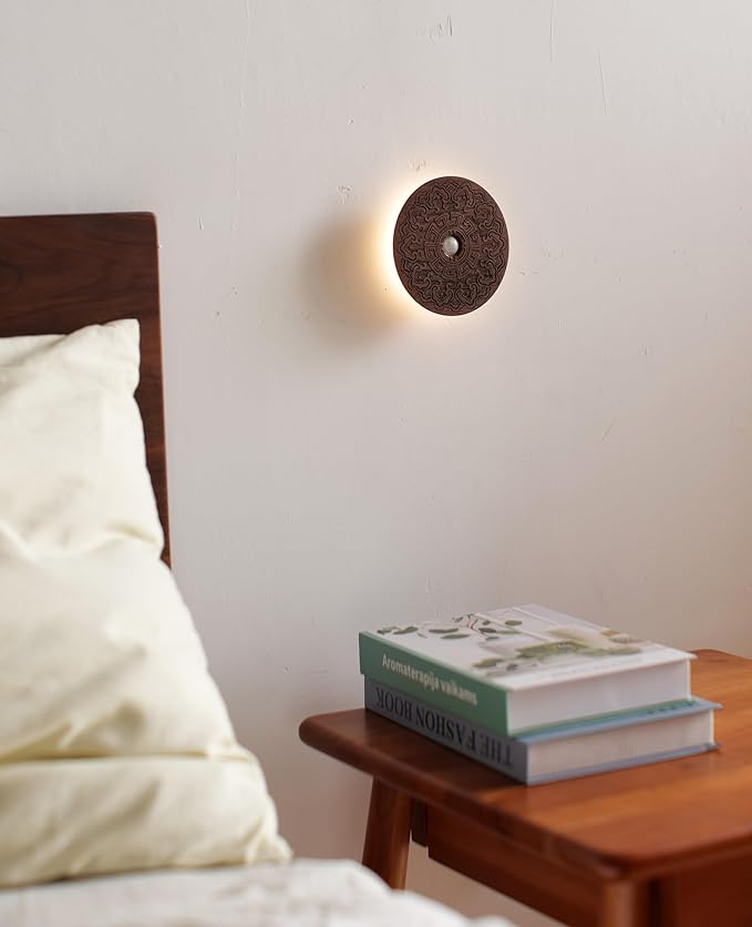 Motion Sensor Night Light Wood USB Rechargeable Stick-On Step Lights Magnetic Small Wall Lights for Hallway Bedroom Living Room Stair, Carved Black Walnut