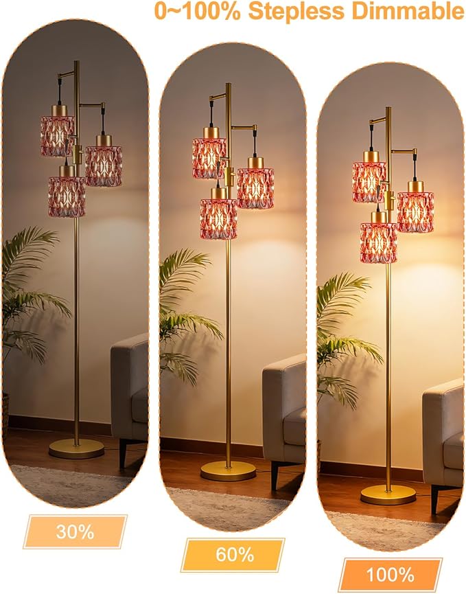 Lightdot 67" 3-Light Glass Floor Lamps for Living Room, Dimmable Floor Lamp with Rose Red Glass Shade& E12 Bulbs Included, Mid Century Standing Tall Lamp for Bedroom/Sofa Beside/Corner Decor-Gold