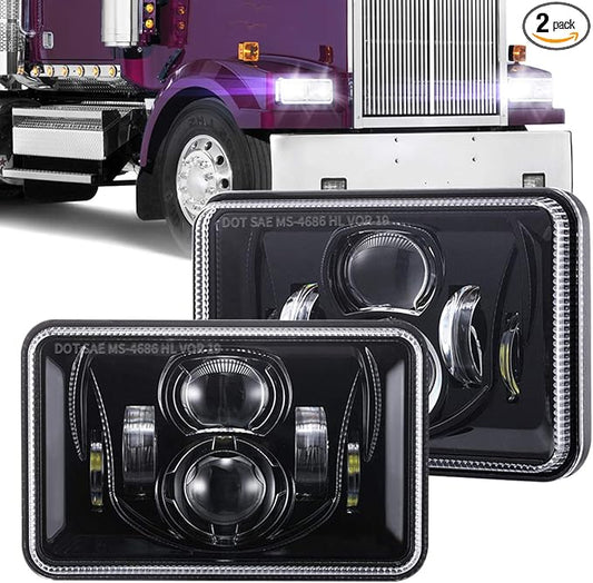 BICYACO 1 Pair 4x6 Inch LED Headlights 60W High Low Beam H4651 H4652 H4656 H4666 H6545 Projector Lens for Peterbilt Kenworth Freightinger Ford 1985-1997 S10 Probe Oldsmobile Cutlass- Black