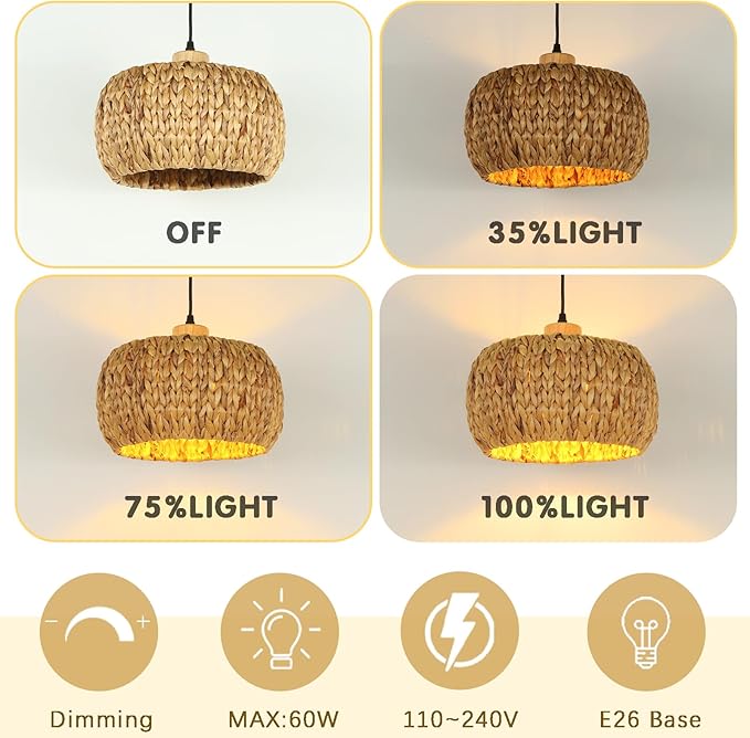 Boho Pendant Lights Kitchen Island, 11.8" Bohemian Rattan Hand-Woven Light Fixture Natural Seagrass Weaving Lighting Hanging Ceiling Chandelier for Restaurants Living Dining Room Farmhouse