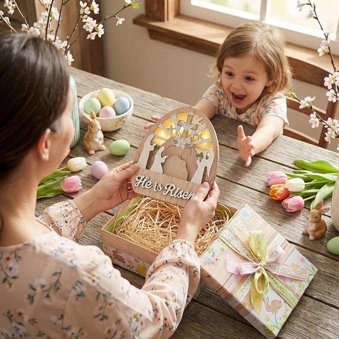 Valery Madelyn Easter Decorations with LED Light, Lighted Empty Tomb Scene and Cross Decoration, Wooden Christian Easter Decor Resurrection Scene for Home Table Shelf, 6.3 inch