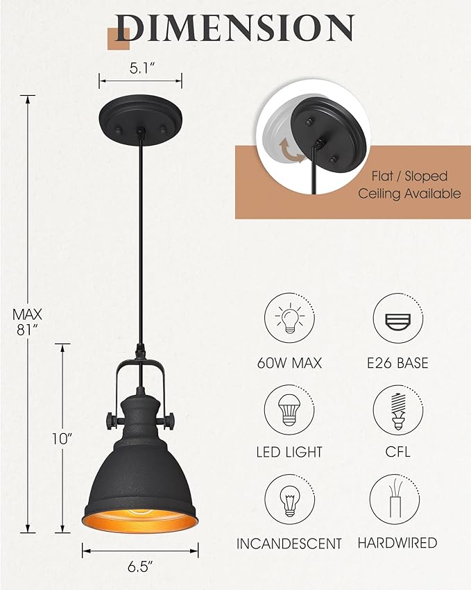 Black Pendant Light, 6.5" Hanging Light Fixtures, Pendant Lighting for Kitchen Island Bar Restaurant Entryway, AD-2151-1P