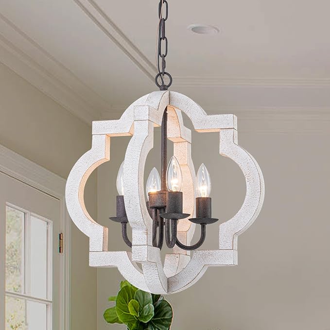 16" Oak Farmhouse Chandeliers for Dining Room Light Fixture Orb Distressed White Wood Pendant Light Kitchen Chandeliers Over Table Ceiling Hanging Light for Island Living Room Bedroom Entryway Foyer