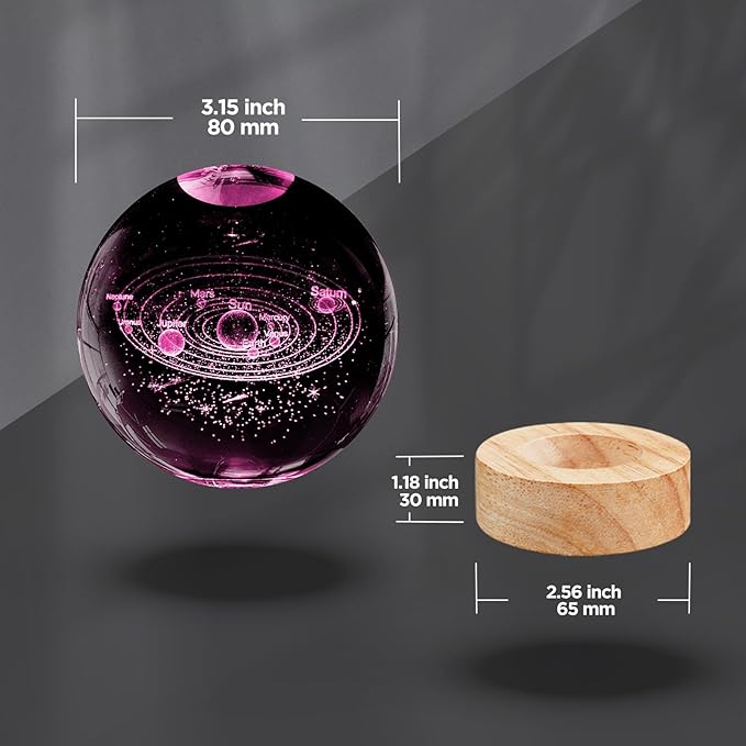 3D Solar System Crystal Ball Night Light 3.15 inch Galaxy Planet Glass Ball Lamp with 16 Color Change Wooden Base and Remote Control Astronomy Space Gifts for Kids Friend Birthday Christmas Room Decor