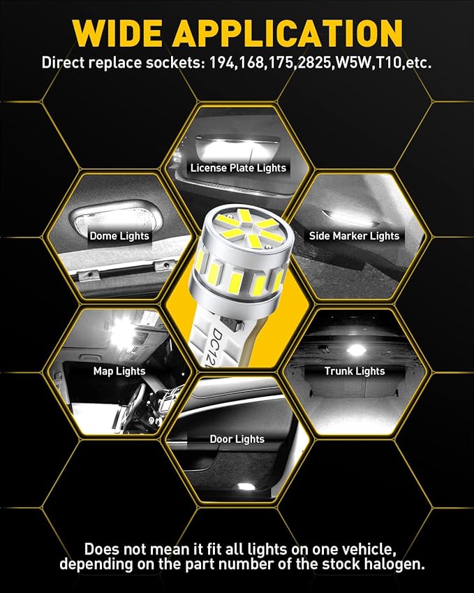 AUXITO Latest 194 LED Bulb 6500K White Super Bright 168 2825 T10 W5W LED Bulb for Car Dome Door Map Courtesy Trunk Cargo License Plate Tail Lights, Pack of 10