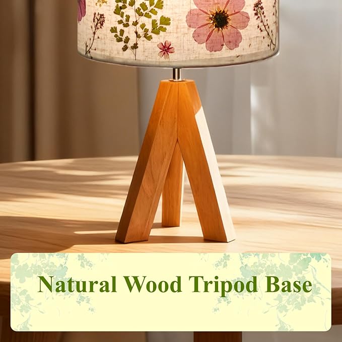 Dried Flowers Tripod Table Lamp 14.56in, 9W LED Dimmable Cute Bedside Lamp with Flowers Linen Lampshade for Nursery, Bedroom, Kid Room, Living Room, Light Brown Wooden Base
