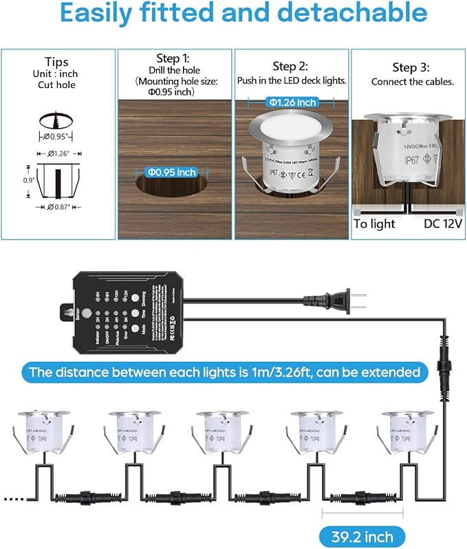 HIBOITEC Low Voltage Deck Lights Recessed Kit with Transformer Dimmable Timer and Photocell Sensor Outdoor LED Deck Lighting IP67 Waterproof 2700K for Stair Step Outdoor Garden Yard 16 Packs