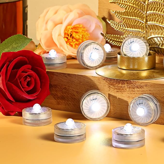 Mini Submersible LED Light, White Waterproof Flameless Candle Tealights, Underwater Pool Lights for Vases, Weddings, Birthdays, Festivals, Events, and Parties (24 Pack)