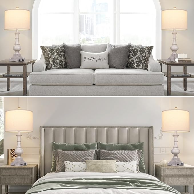26" Farmhouse Table Lamps Set of 2, Rustic Touch Control Bedside Lamps with 2 USB Ports & AC Outlet, Vintage Resin 3-Way Dimmable Nightstand Lamp Linen Fabric Shade for Living Room Bedroom Decor Gray