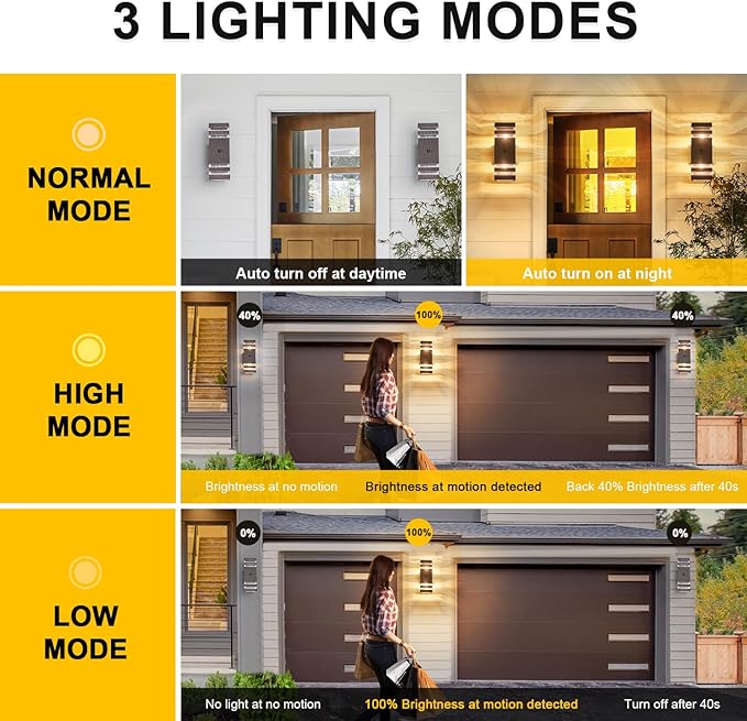 2 Pack Oil Rubbed Bronze Outdoor Wall Lights with 3-Mode Motion Sensor Up Down Porch Lights Modern Dusk Dawn Exterior Sconce Wall Mount Outside Coach Lantern for House(With 4 Dimmable Warm Bulbs)